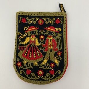Vtg Oven Mitt Tiroler Webkunst Austrian Woven Floral Boy & Girl Red Folk Art
